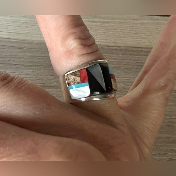 Vintage Handmade Zuni Multi Stone Inlay Wide Band Ring, Size 7 - Picture 10 of 11